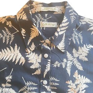 ORVIS Womens Blouse S Navy Blue Ivory Long Sleeve button up Woodland Shirt